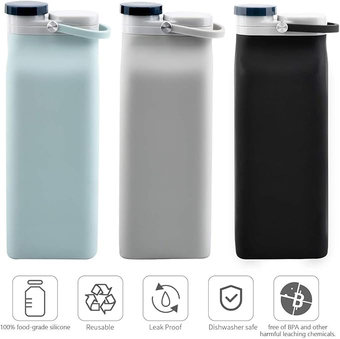 E-Senior Collapsible Water Bottle BPA Free - 20 oz Foldable Water Bottle for Travel Sports Bottles with Triple Leak Proof Lightweight (Grey)