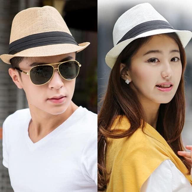 FALETO Unisex Summer Panama Straw Fedora Hat Short Brim Beach Sun Cap Classic