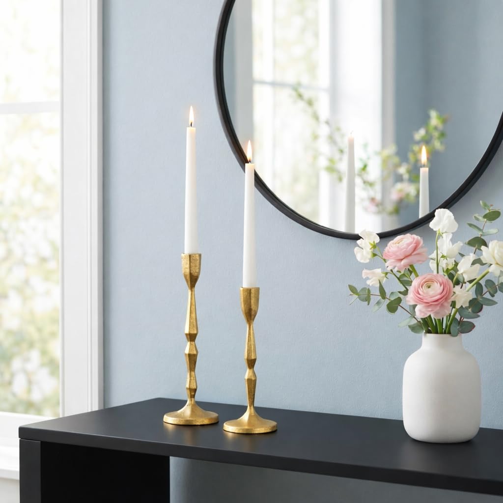 K'DCOR Antique Gold Taper Candle Holders, Heavy Duty Cast Iron Set of 2