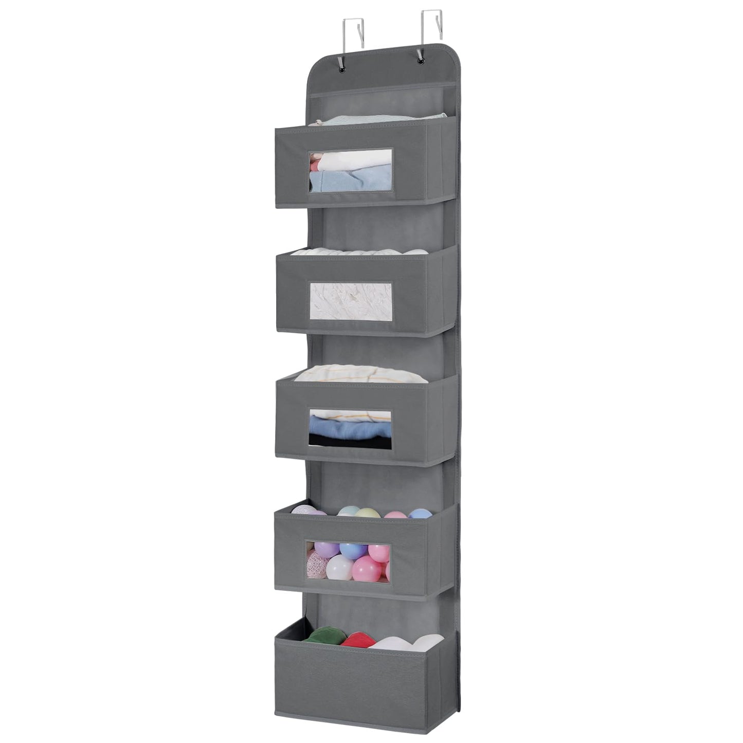 MAX Houser 5-Shelf Over The Door Hanging Organizer with 2 Metal Hooks, 5 Pocket Over The Door Wall Mount Storage with Clear Windows for Bathroom Closet,Bedroom,Dorm,(Gray)