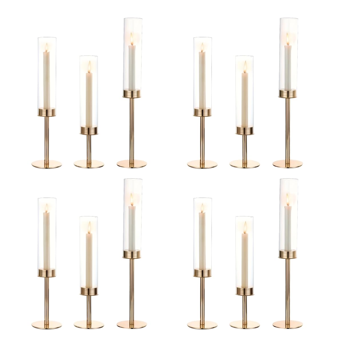 Oakernel Gold Hurricane Candle Holders Set of 12, Tall Metal Windproof Glass Taper Candle Holder for Candelabra Centerpieces for Dining Table, Wedding, Party & Fireplace Mantel Decor