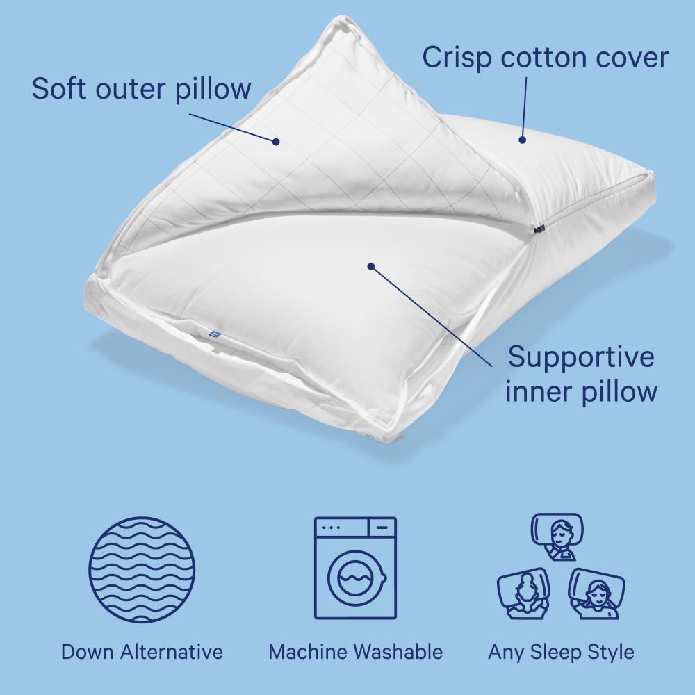 Casper Sleep Original Pillow, Standard Size – Medium Soft Feel, Down-Alternative Fill, Supports Side, Back & Stomach Sleepers, Neck Pain Relief, Machine Washable