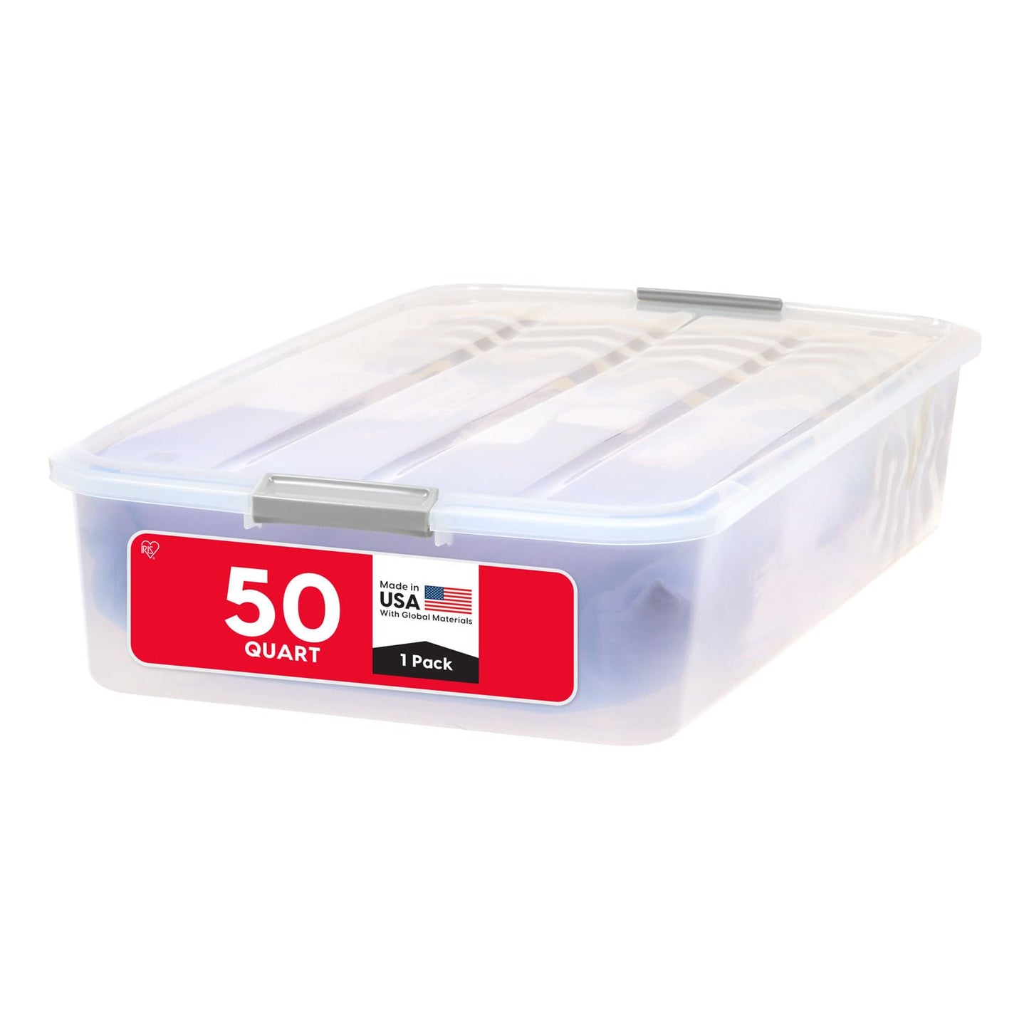 IRIS USA 50 Qt Plastic Under Bed Storage Organizer Bin Container with Secure Lids and Durable Buckles, Multi-Purpose for Seasonal Holiday Items Bedding Clothes Shoes, Long, Clear