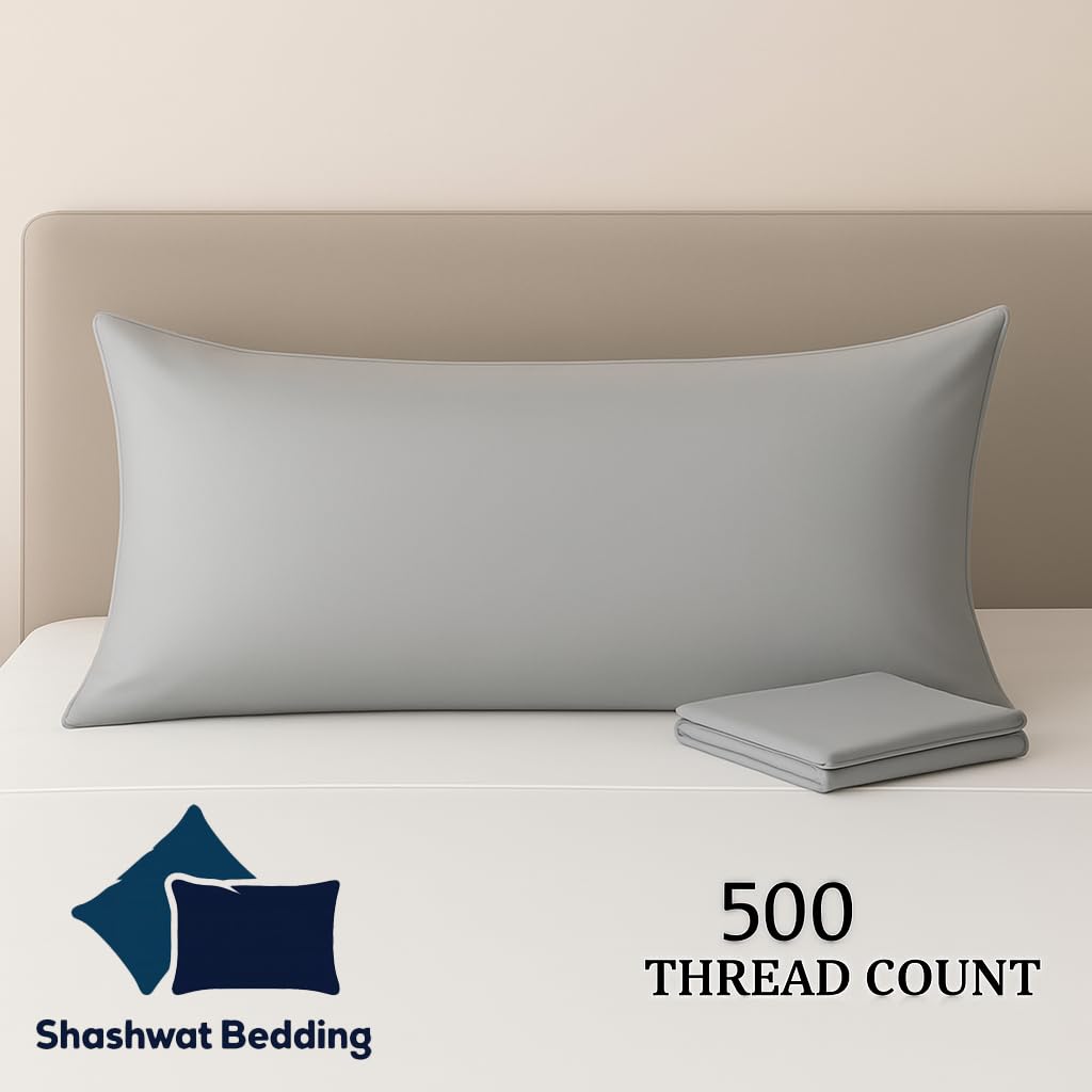 Body Pillow Cover 20x48 Inch, Silver Grey (Set of 1) - 100% Egyptian Cotton with Zipper Closure Pillow Case, Soft Breathable 500 Thread Count Long Body Pillowcase