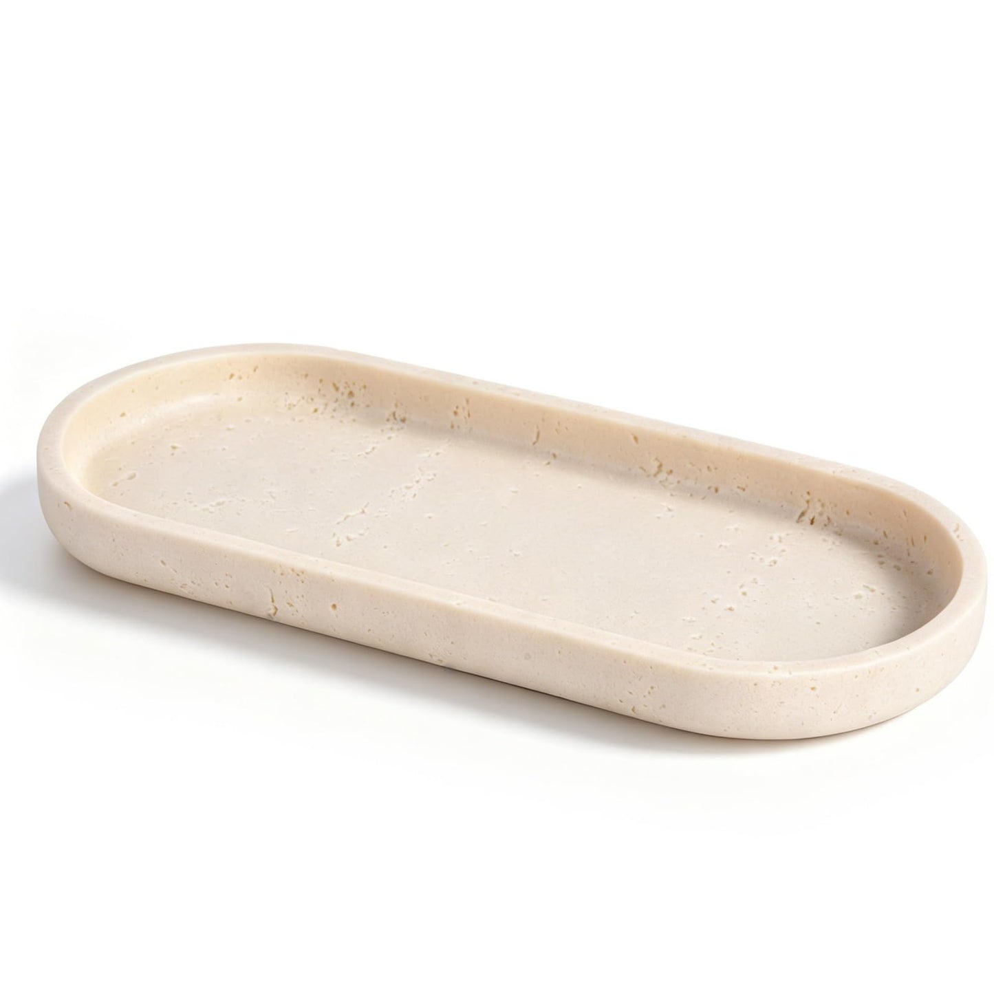 Clasin Home Vanity Tray for Bathroom Counter, Beige Travertine-Look Decorative Tray for Perfume Jewelry Candle, Non-Slip Decor Organizer for Kitchen Countertop, Dresser, Coffee Table (11 x 4.9 Inch)