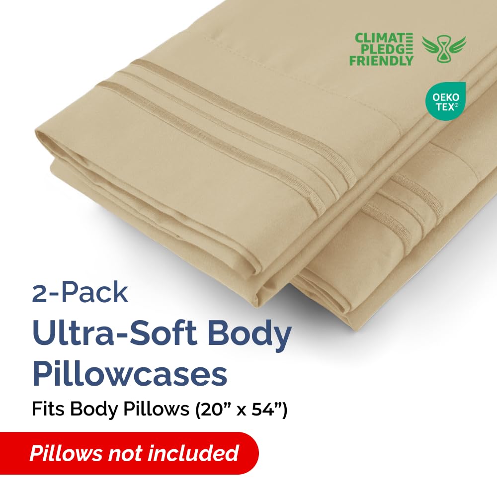 Body Pillowcases Set of 2-20x54 Long Body Pillow Case - Soft Body Pillow Cover for Sleeping & Side Sleepers - Comfy, Breathable, Wrinkle & Fade Free - Machine Washable w/Envelope Enclosure (Beige)