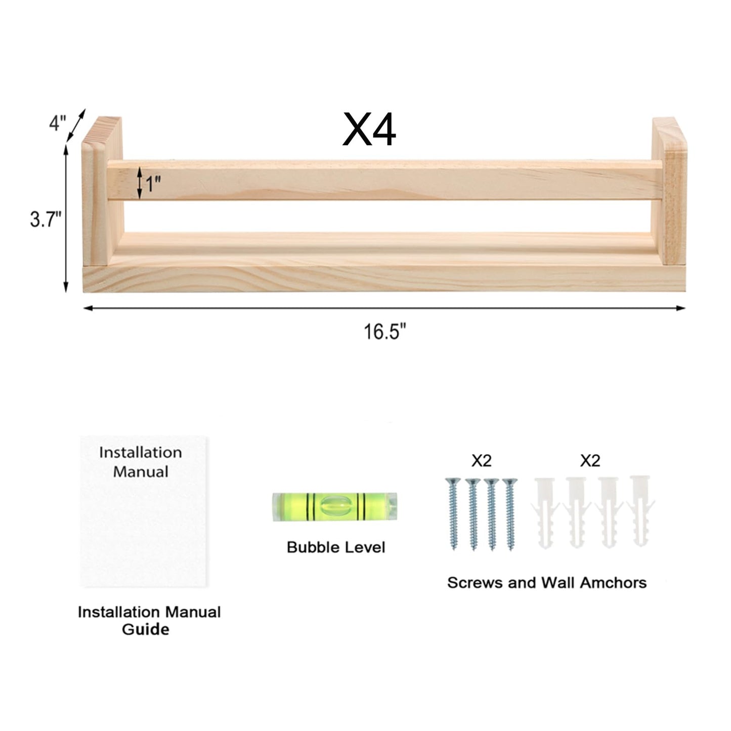 DUICIRX Nursery Room Shelves Set of 4, Wood Floating Book Shelves for Kids Room, Baby Book Shelf for Nursery, Kitchen Spice Rack (Natural Wood)