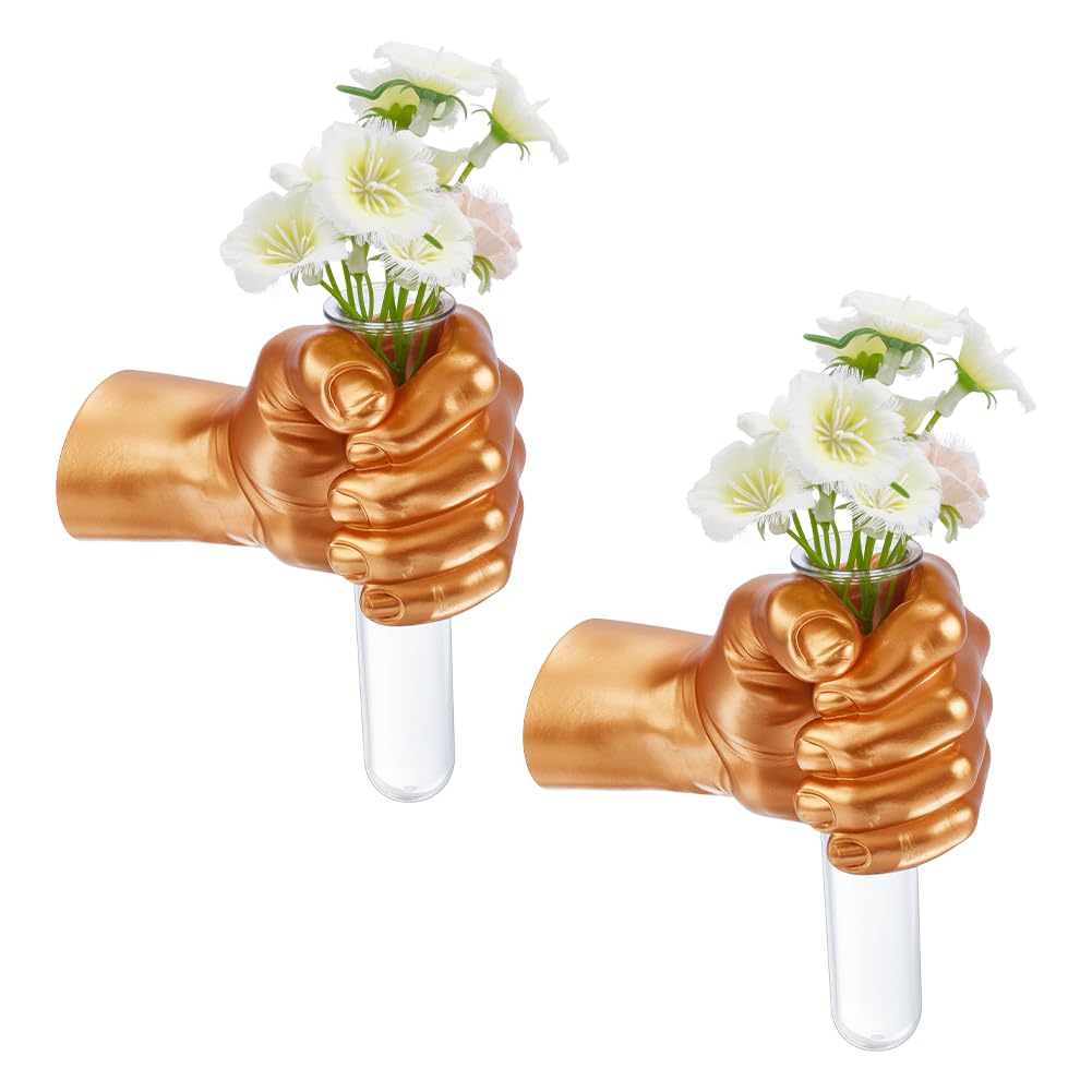 AHANDMAKER 2Pcs Wall Sculptures Golden Hand Vases Home Decor Wall Mount Art Sculpture Funky Flower Vase with Test Tube for Unique Decoration in Living Rooms, Entrance and Room