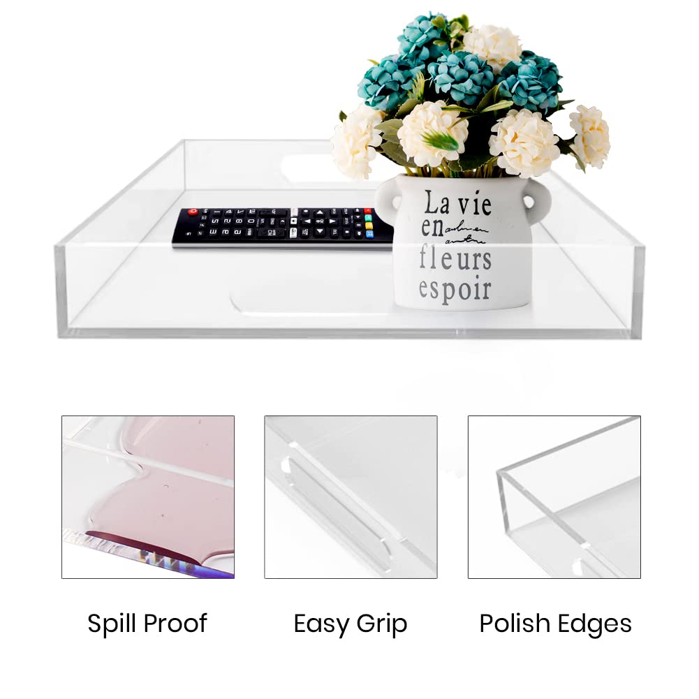 Allhercom 12"x16" Acrylic Serving Tray with Handles, Spill Proof Clear Decorative Tray, Lucite Tray for Coffee Table, Vanity, Makeup Organizer