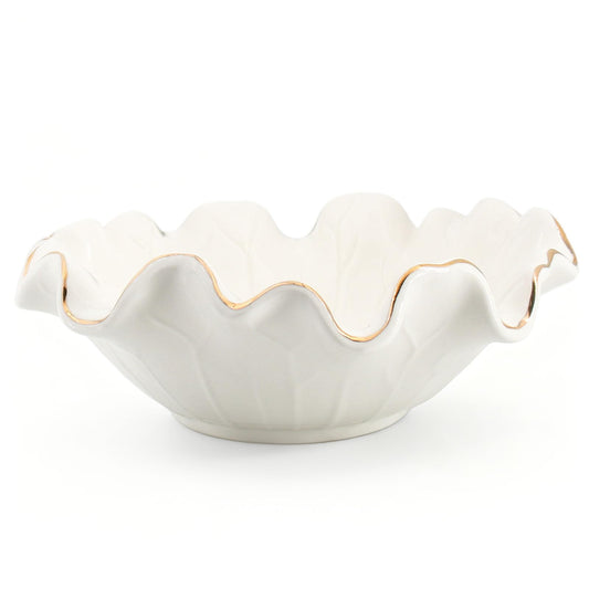 Aimtobest Handcrafted 8" White Ceramic Ruffle Bowl with Gold Trim – Modern Lotus Design, Small Shallow Decorative Bowl for Kitchen Counter & Key Holder for Entryway Table, Catch-All for Home Decor