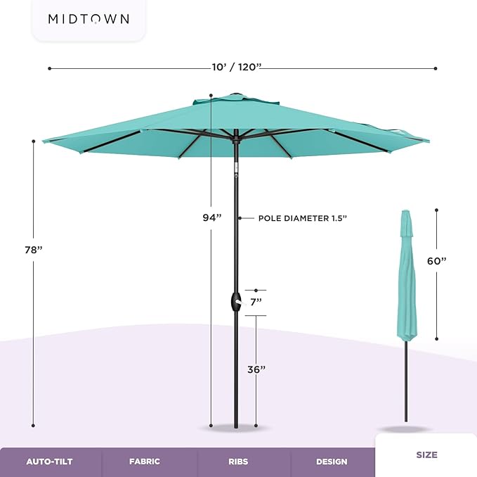 Midtown Umbrellas The Lean 10 Feet Outdoor Umbrella With Terylast Pear Stripes (Green/White Stripes) Polyester Fabric - Auto-Tilt Aluminum Frame Patio Umbrella For Deck, Garden, Pool - Black Pole
