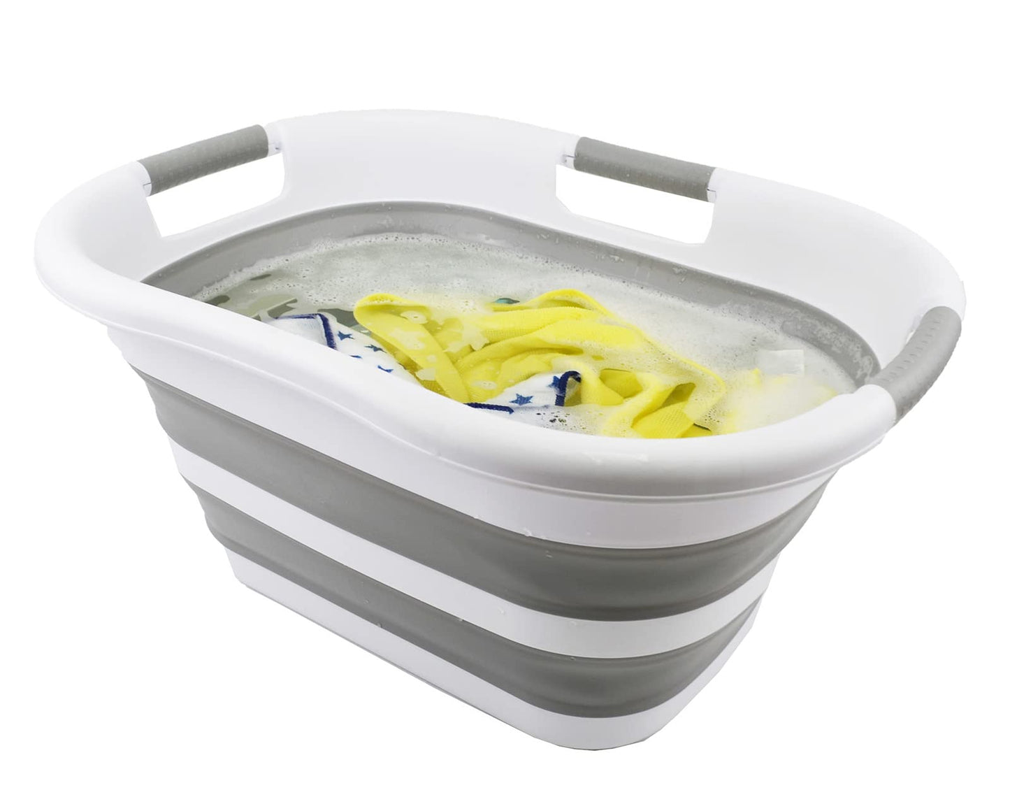SAMMART 30L (7.9 gallon) Collapsible Plastic Laundry Basket - Foldable Pop Up Storage Container/Organizer - Portable Washing Tub - Space Saving Hamper/Basket (White/Grey (Set of 2))