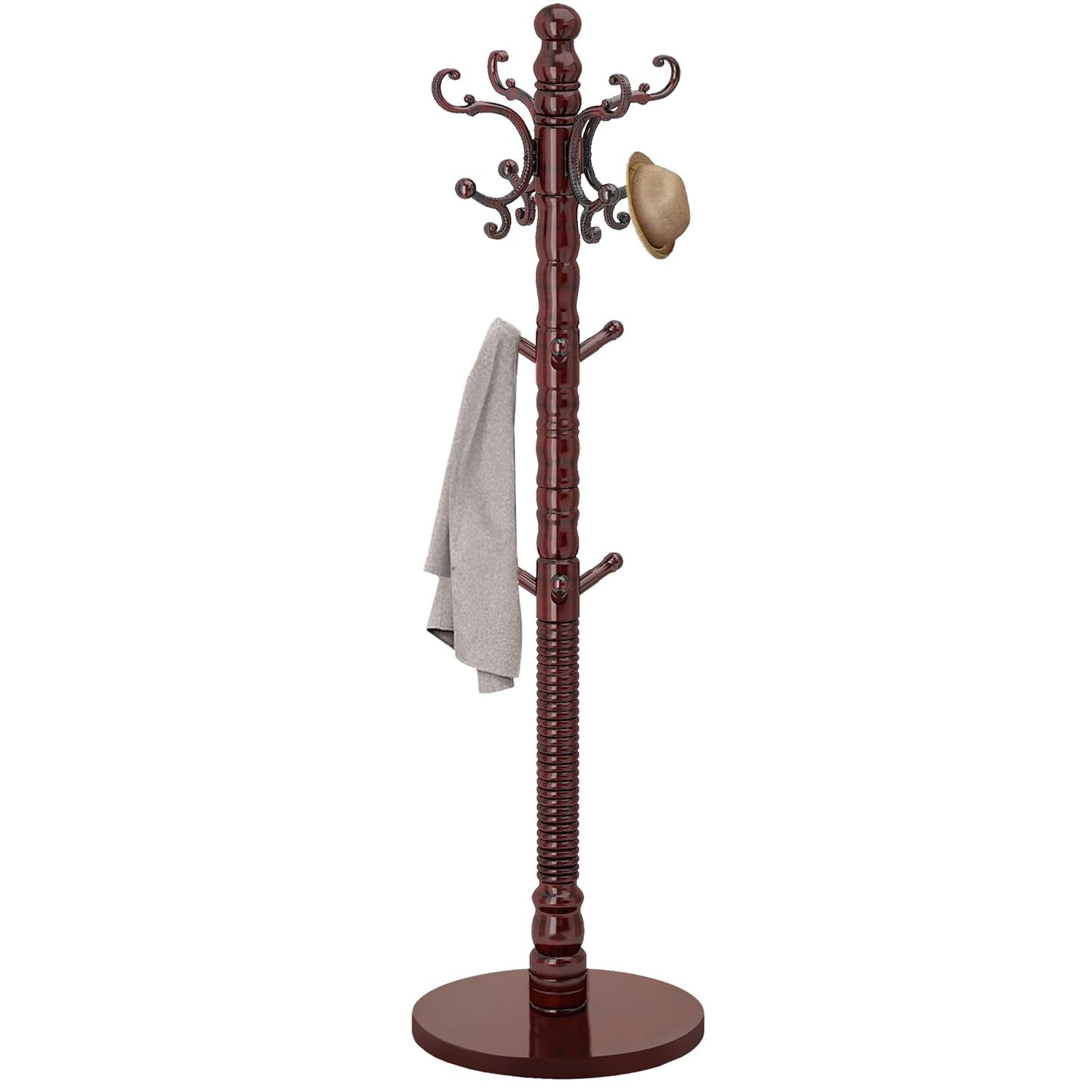 OIRUMIE Wood Coat Rack Stand, Wooden Coat Rack Freestanding with Sturdy Round Base, Vintage Coat Racks with 14 Hooks, Natural Birch Wood Entryway Coat Tree Hanger Stand Easy to Assemble