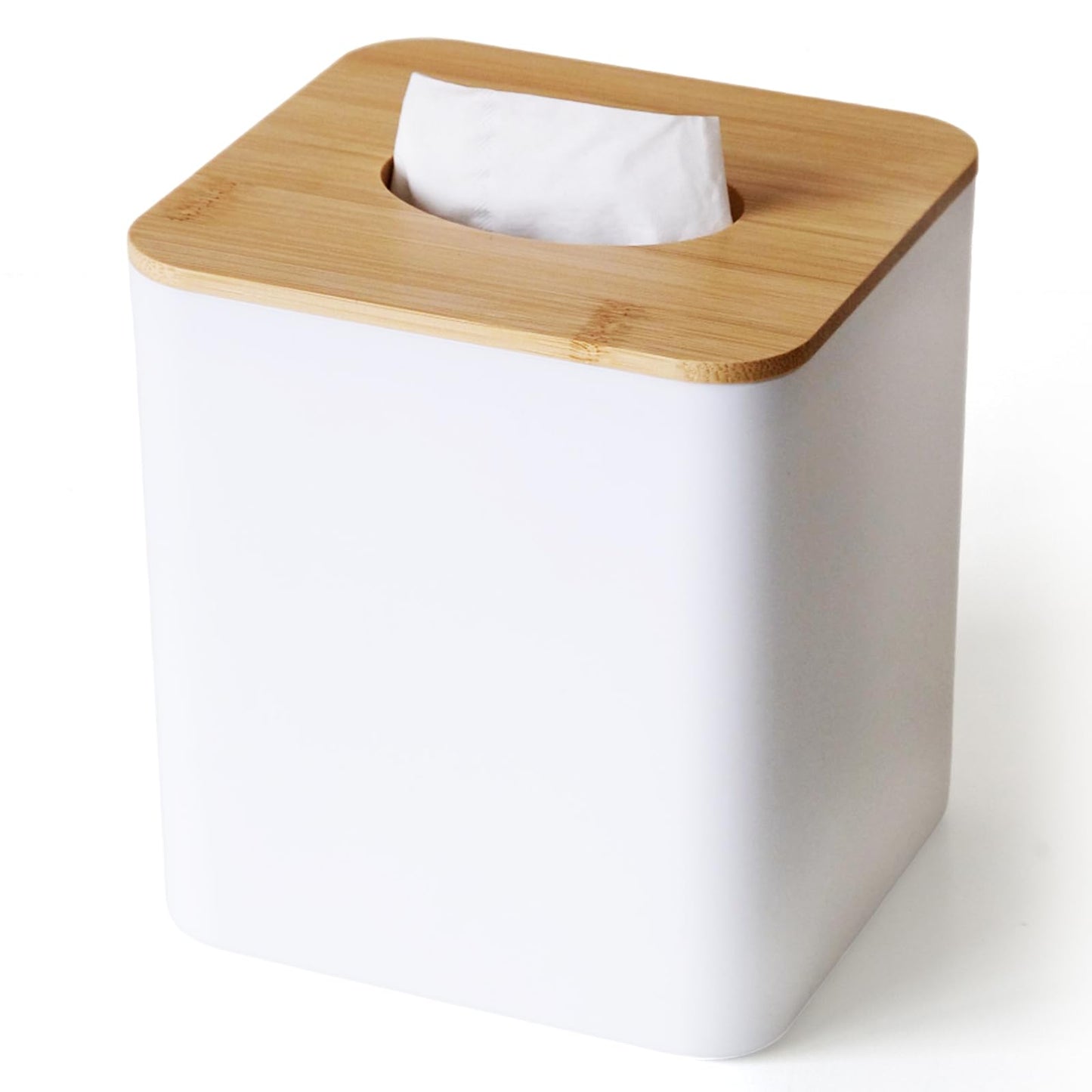 White Tissue Box Cover, Square Tissue Box Holder with Bamboo Cover Plate, Cube Tissue Box Cover for Desk Accessories, Decorative Tissue Box Tissue Holder for Bathroom Office