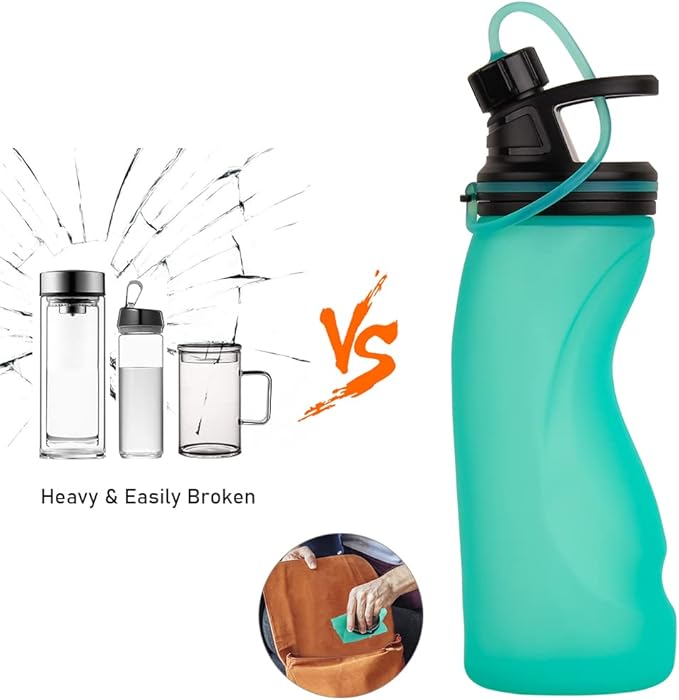 E-Senior Collapsible Water Bottle BPA Free - Foldable Water Bottle for Travel Sports Bottles with Triple Leak Proof Lightweight 17oz (Upgraded Aqua Blue)