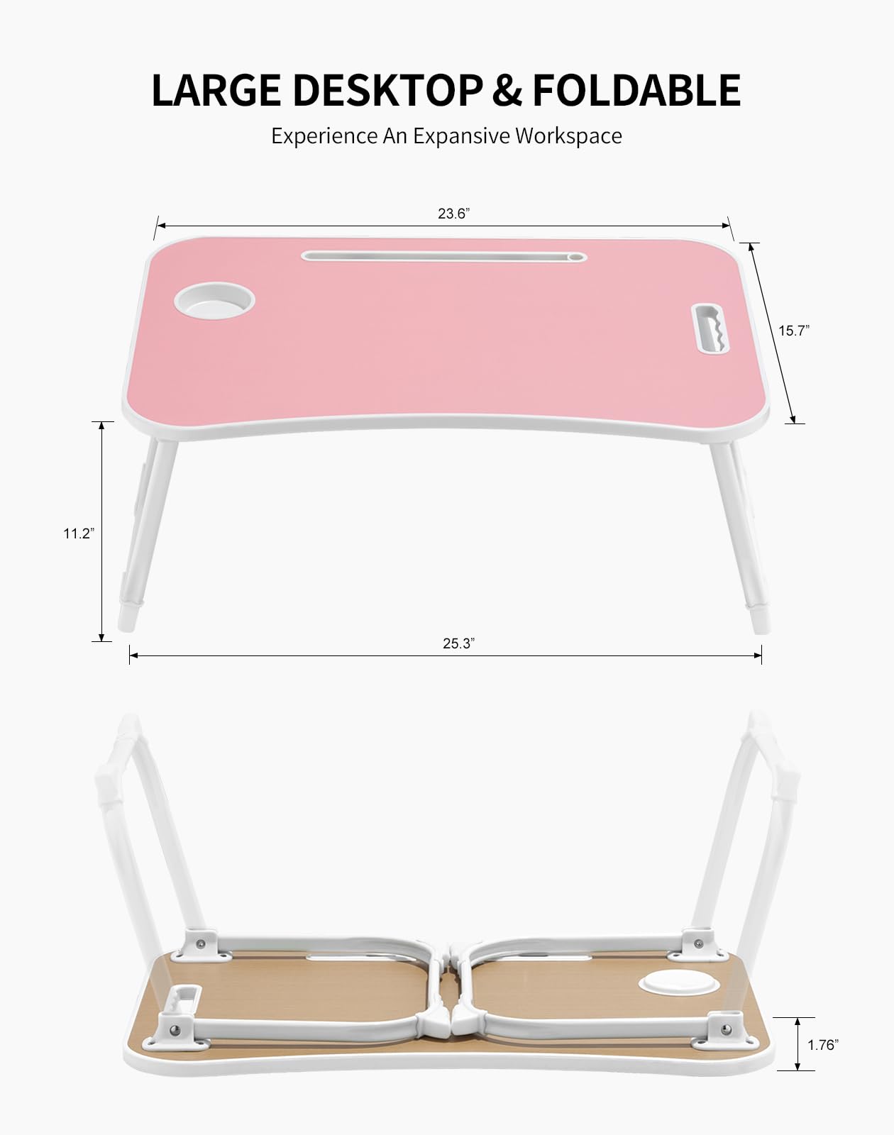 ZEAPTAC Laptop Bed Desk, Foldable Lap Desk, Portable Lap Table, Laptop Stand with Cup Holder, Tablet Slot & Lifting Handle for Work, Write, Draw & Eat on Bed, Sofa or Couch - Pink