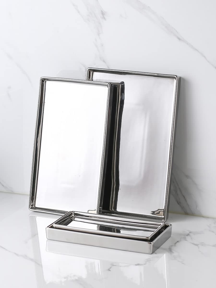 Redelaenor Ceramic Trinket Tray Rectangte Vanity Jewelry Organizer Makeup Mirror Tray Silvery Medium