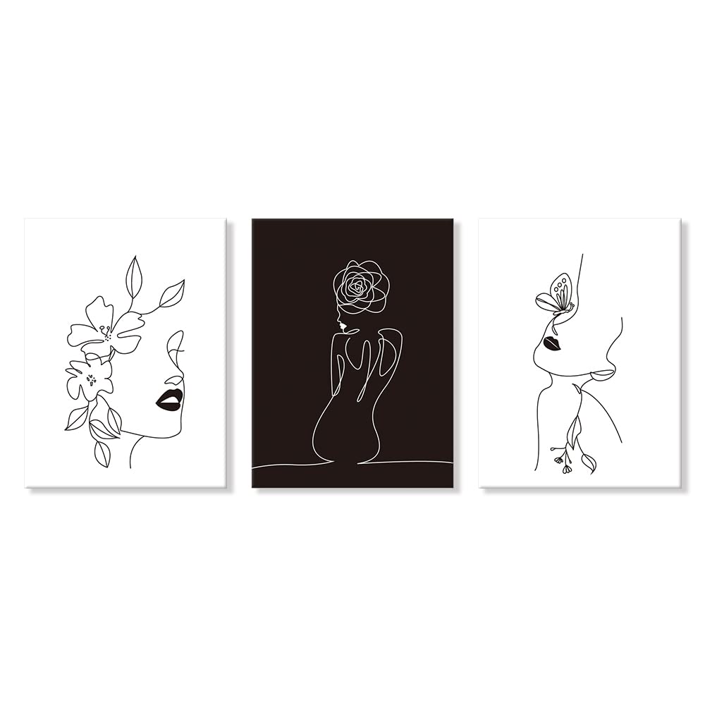 Chadow Artwork Minimalist Line Art Prints Set of 3 Abstract Women Faces Flower Wall Art Black and White Line Drawing Painting Modern Aesthetic Poster for Girls Bedroom Bathroom Living Room Decor