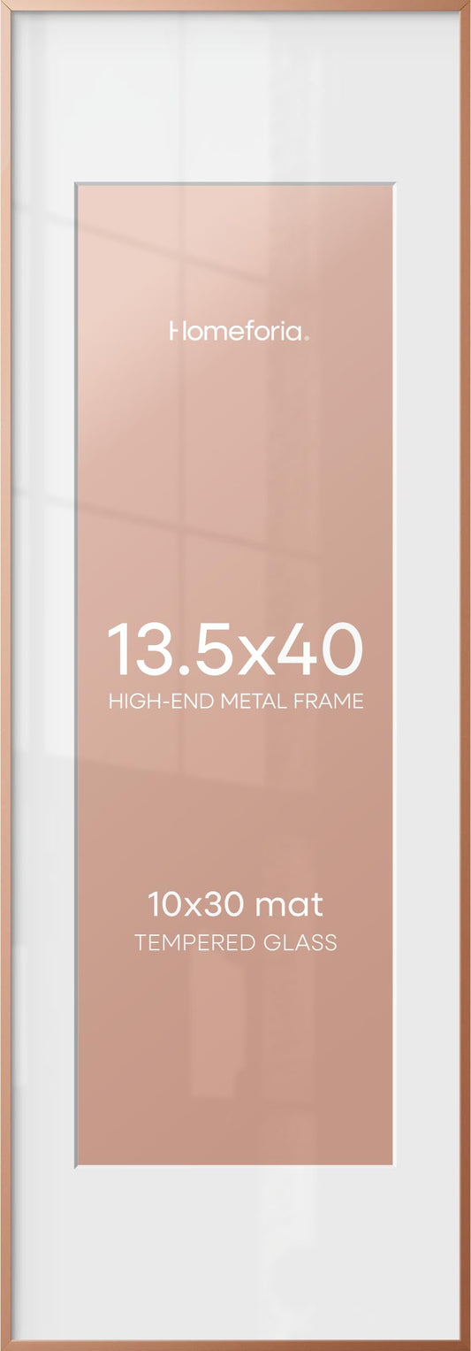 Homeforia 13.5x40 Rose Gold Picture Frame, High End Metal 13.5x40 Panoramic Poster Frames with Mat 10x30 Photo, 13.5 x 40 Frame Matted to 10 x 30 Art, 40x13.5 Frame, Tempered Glass, Wall Kit, Set of 1