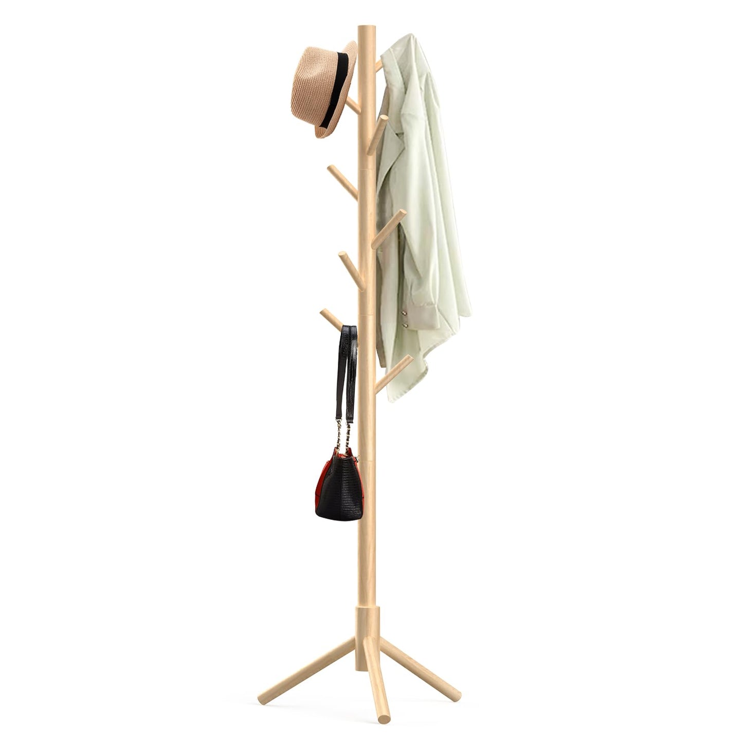 Aliphon Wooden Coat Rack Stand, Freestanding Coat Rack with 8 Hooks, 3 Adjustable Size Coat Tree for Hats, Coats, Scarves bags, Coat Hanger Stand Used in Bedroom/Office/Entryway (Natural)