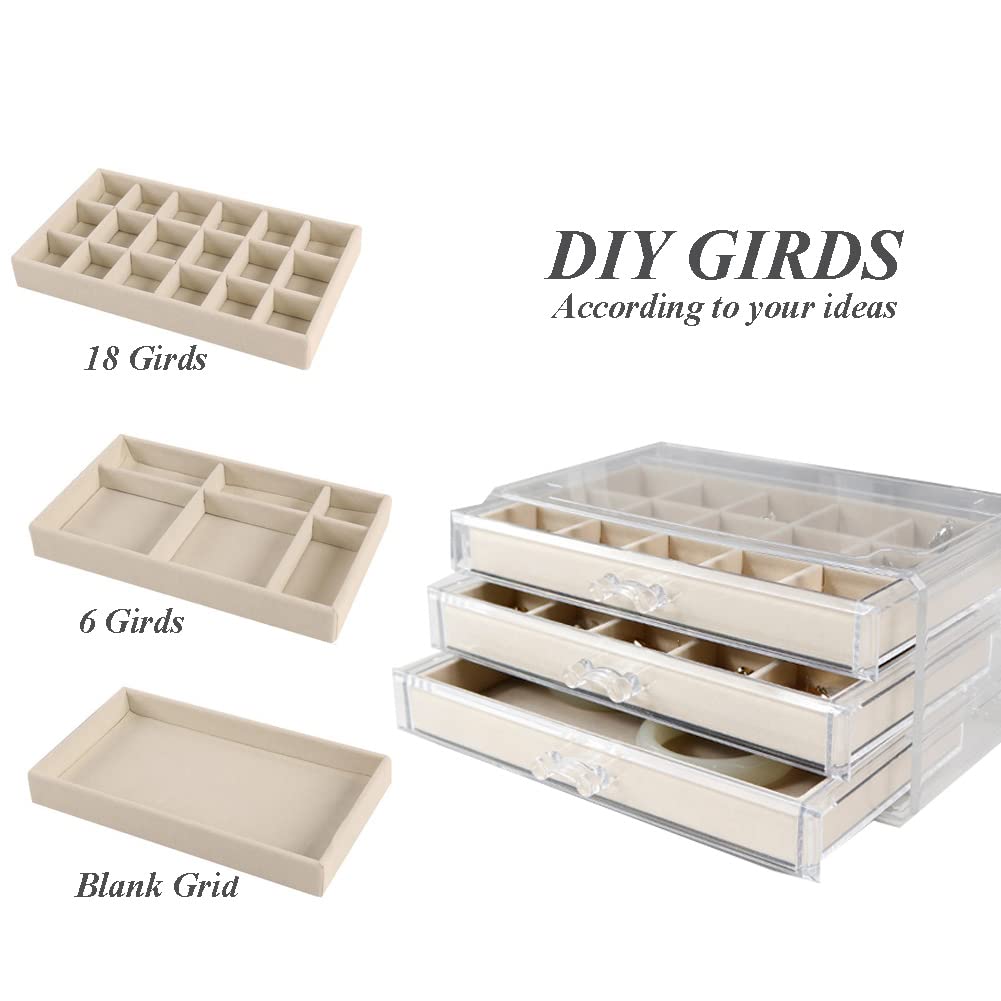 YUFONG Earring Organizer Box Acrylic Jewelry Organizer with 3 Drawers 54 Adjustable Grids Clear Stackable Earring Holder Velvet Trays Ring Display Case for Women Girls (Beige)
