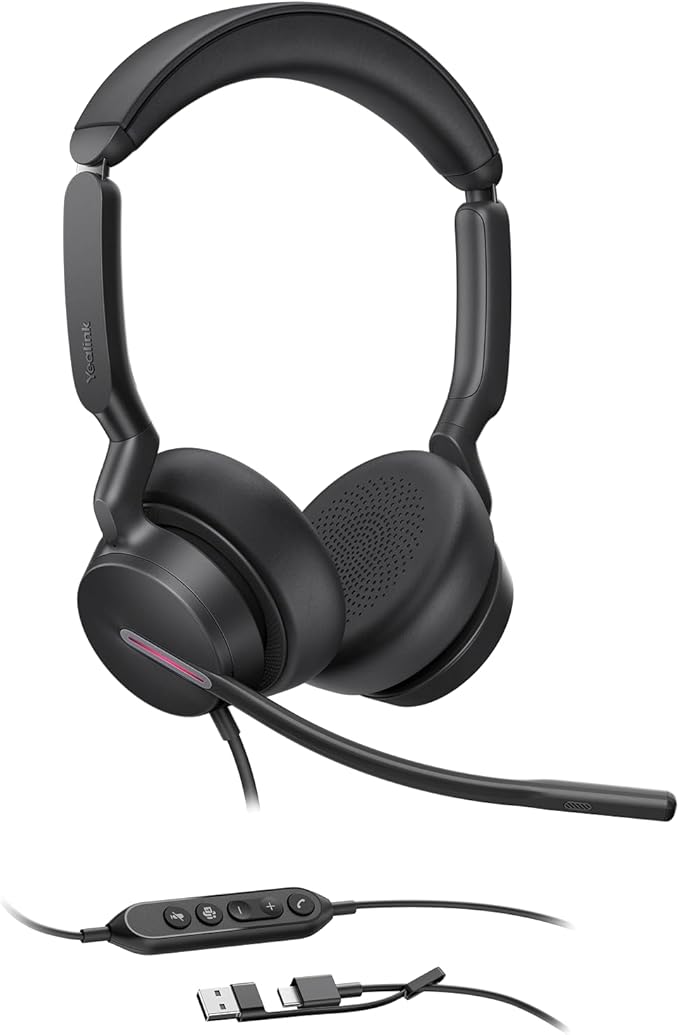 Yealink UH46 USB Headset with Mic, Wired Headset with 3 Noise Cancelling Microphones for PC/Computer/Laptop, Teams Certified, in Line Controls for Home Office Online Meetings, Plug & Play USB-C/A