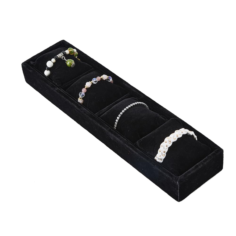 DICOSMETIC 4 Grids Watch Jewelry Organizer Tray 3.27x13.43x1.88 Inch Velvet Watch Display Jewelry Trays Rectangle with Pillows Watch Bangle Organizer Tray for Bracelet Watches Display Holder, Black