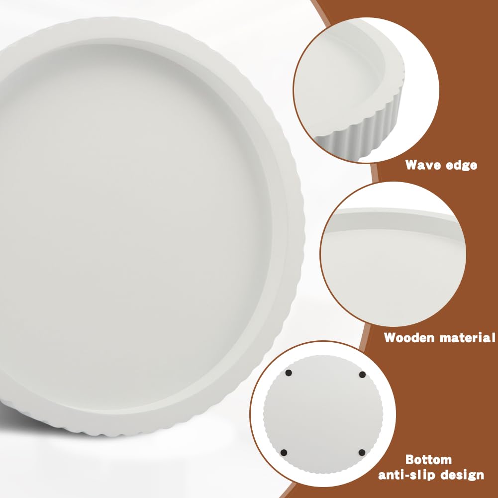 Round Fluted Wood Tray, 11 in Diameter, Accent Catchall for Vanity, White