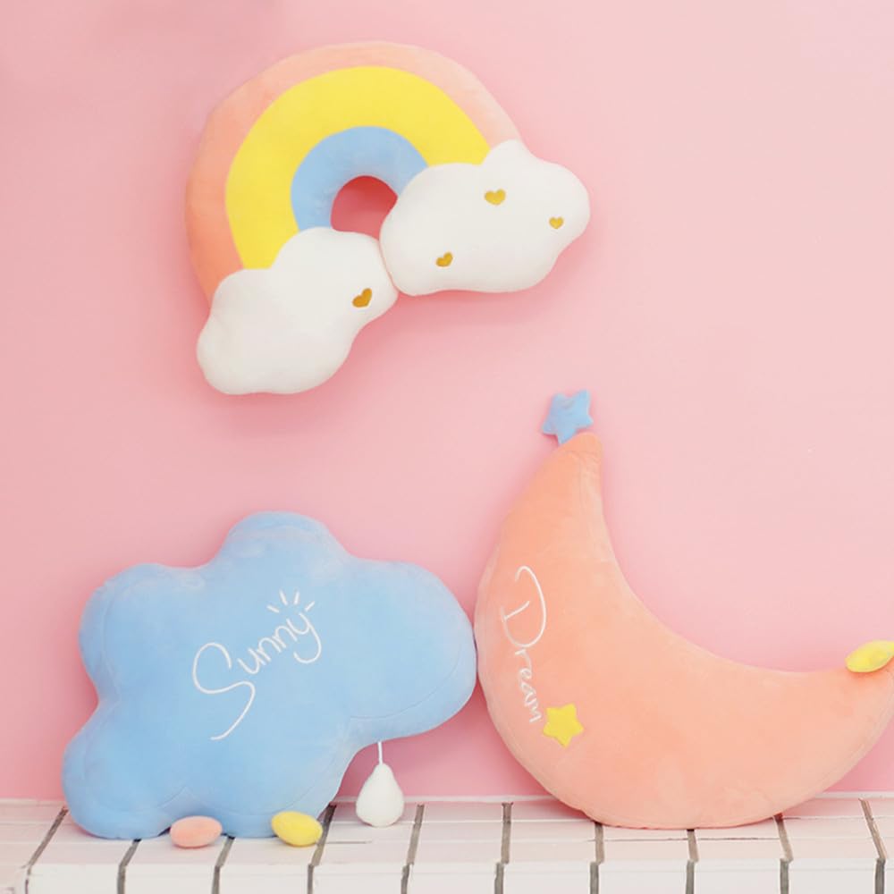 NatureMan Moon Rainbow Cloud Pillow Cushion, Soft Plush Cloud Shaped Pillow Stuffed Rainbow and Moon Nursery Decor,Bedside Sofa Sleeping Pillow, Kids Cute Candy Color Cushion