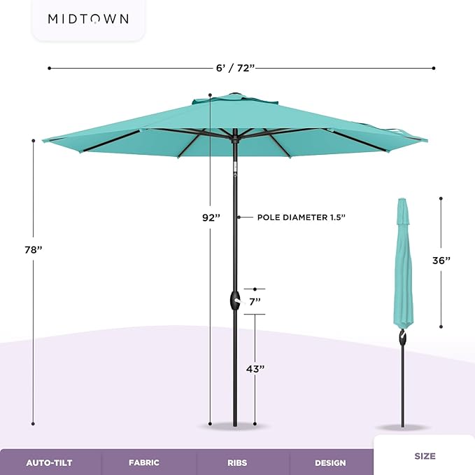 Midtown Umbrellas 10-Year-No-Fade - 6 Ft - UV Proof Sunny Stripes Polyester Fabric - Umbrella Outdoor Patio, Aluminum Frame Large Patio Umbrella for Garden, Pool & Deck - Black Pole
