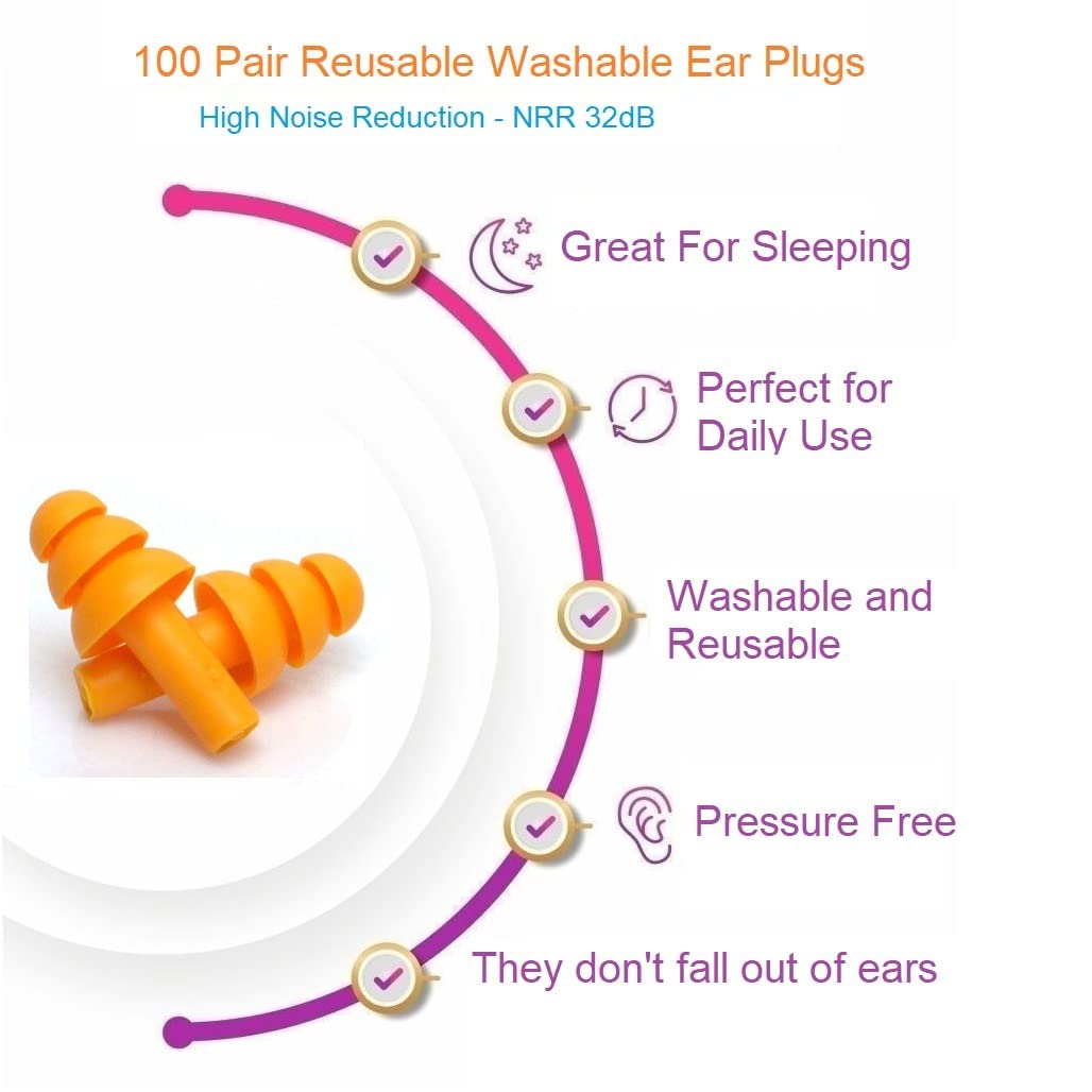 100 Pair Silicone Reusable Ear Plugs for Swimming, Sleeping, Concerts & Music - Bulk Pack of Swimmers Ear Plugs for Adults - Noise Reduction up to 25dB Swimming Earplugs for Men Women Ear Protection