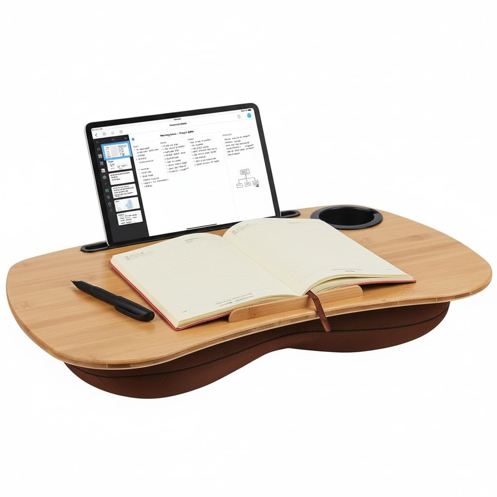 SANJIMO Lap Desk for Laptop with Cushion-Fits up to 18 inch, Bamboo Computer Laptop Stand with Phone Hoder, Cup Holder, Anti-Slip Stopper