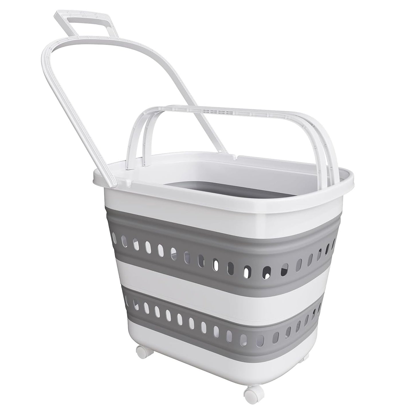 Folding Laundry Basket with Wheels Handle Collapsible Plastic Hamper 38L Portable Rubber Clothes Multi Use Grocery Shopping Cart Pop Up Storage Container Organizer with Hanging Space Saving White Grey