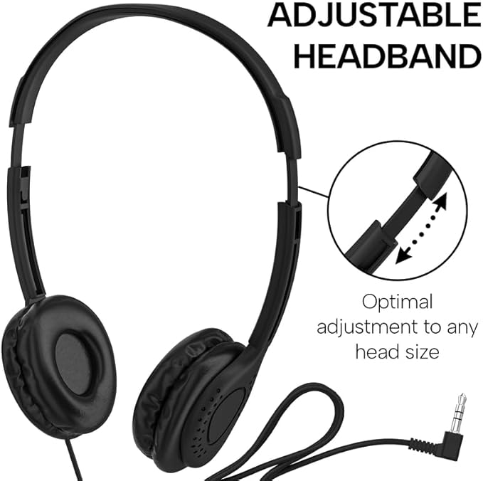 Maeline Kids Headphones for School Classroom K-12, Library, Museum, Travel, On Ear Stereo Headset with Adjustable Band & Faux Leather Cushions - 3.5mm Plug - 50 Pack - Black