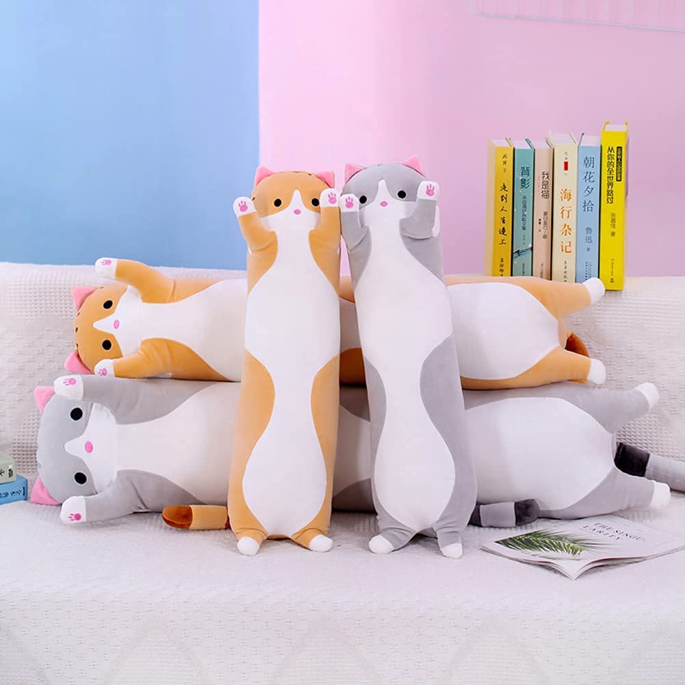 Oeonuas Cute Cat Plush Long Body Pillow Cuddle Cartoon Stuffed Animals Cat Plushie Soft Doll Pillows Gifts for Kids Girls (Orange, 27")