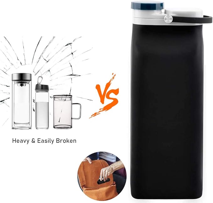 E-Senior Collapsible Water Bottle BPA Free - 20 oz Foldable Water Bottle for Travel Sports Bottles with Triple Leak Proof Lightweight (Black)