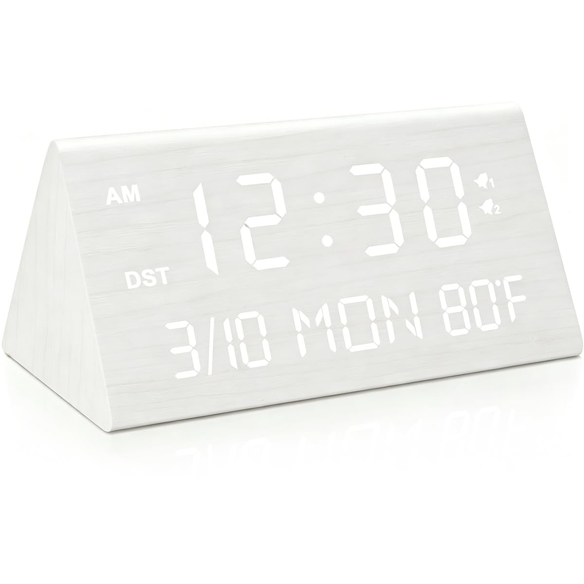 Kogonee Wooden Digital Alarm Clock, 0-100% Dimmer, 2 Alarm Settings, Weekday/Everyday Mode, 9 Mins Snooze, 12/24H, Temperature and Date Display for Office, Travel, Bedroom Alarm Clock (White)