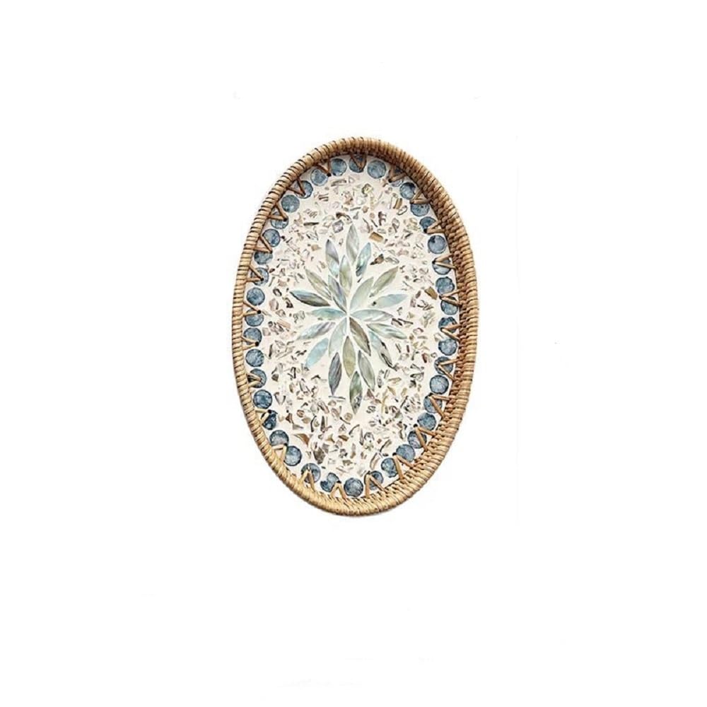 13 Inch Decor Tray for Coffee Table Mother of Pearl Inlay Serving Tray for Ottoman Wicker Centerpiece Decorative Tray for Candle Holder, Flower, Fruit, Bread (Medium)