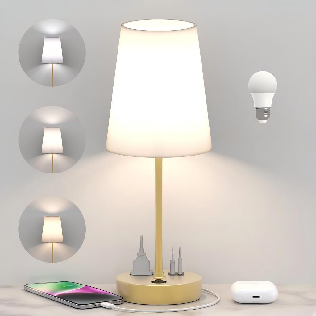 Addtam Bedroom Table Lamp, Bedside Lamp with AC Outlet and USB C Charging Ports(PD 20W), 3-Way Dimmable Lamp with Switch, Lamps with Shade for Night Stands, Living Room, Desk, and Home Office, 6.5Ft
