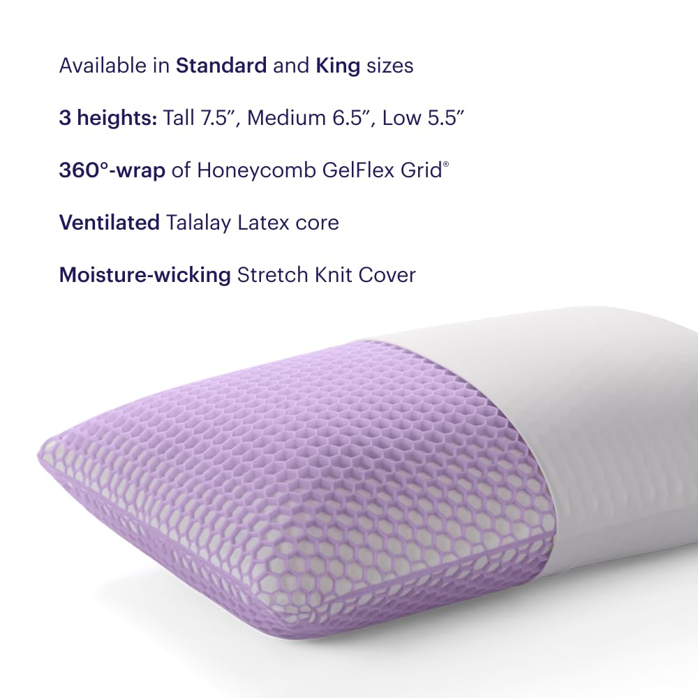 Purple Harmony Pillow - Medium Loft, Standard Size - Cooling Gel Neck and Side Sleeper Pillow, Weightless Medium Feel, GelFlex Grid and Talalay Latex Foam for Pressure-Relieving Support