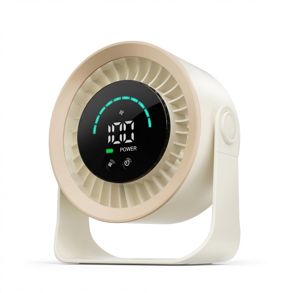 Refluxe Mini Desk Fan, Small USB Rechargeable Quiet Desktop Fan, Cooling Table Electric Fan with LED Digital Display, 360°Adjustable Tilt for Bedroom, Office & Home (Khaki)