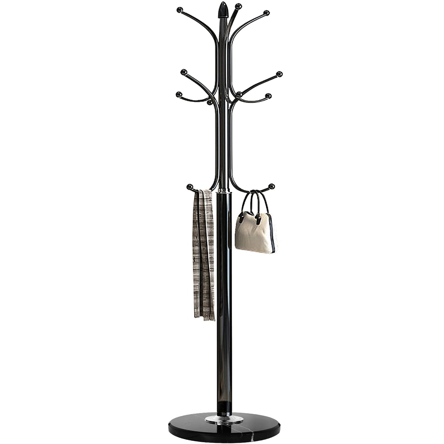 Kertnic Freestanding Coat Rack Stand, Heavy Duty Metal Hall Tree with 12 Hooks, 70 Inch Tall Stable Coat Hanger with 14.6" Natural Marble Base, Entryway Organizer for Coats Bags Hats Purses (Black)