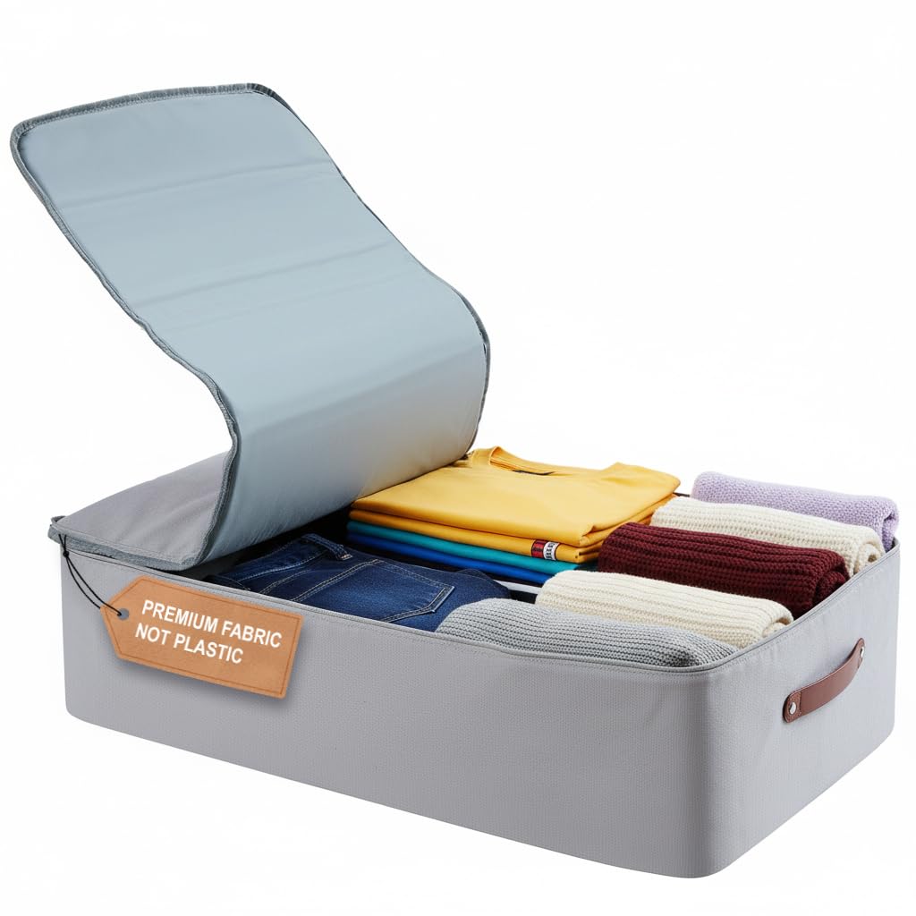 Cloncep Design Under Bed Storage Container – Foldable Underbed Storage Bin for Clothes & Bedding, Premium Canvas Storage Box with Lid, Low Profile 8″ Organizer with Handles