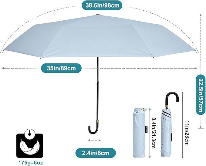 G4Free Mini Travel Umbrella UPF 50+ Ultralight Slim UV Protection Parasol, Windproof Compact Umbrella for Sun & Rain, Portable with J Hook Curved Handle Japanese Style for Women