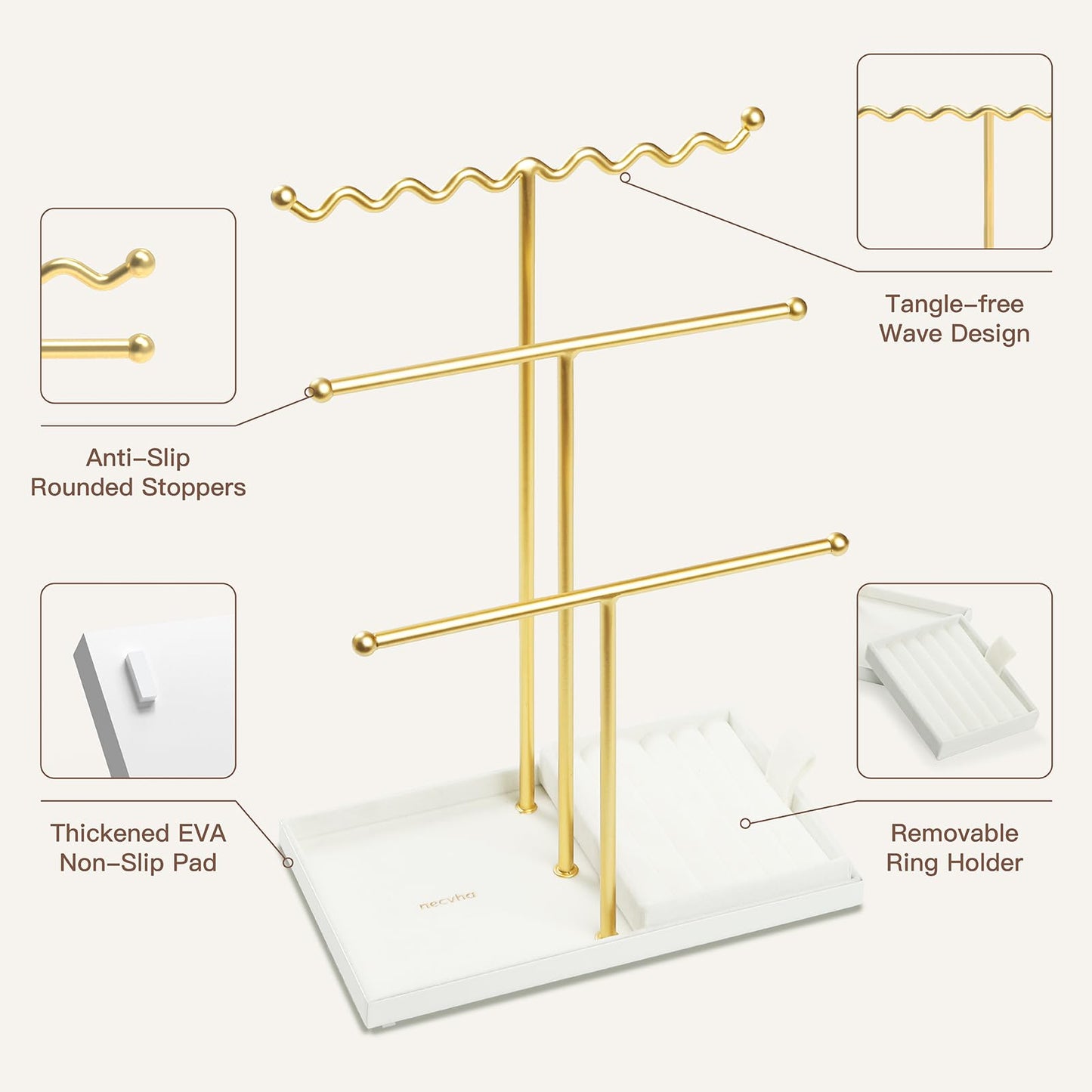 necvha Jewelry Stand Holder Organizer, 3 Tier Bracelet Holder Display with Detachable Velvet Tray, Elegant Jewlery Tower for Display Bracelet, Necklace, Earrings, Rings (Beige)