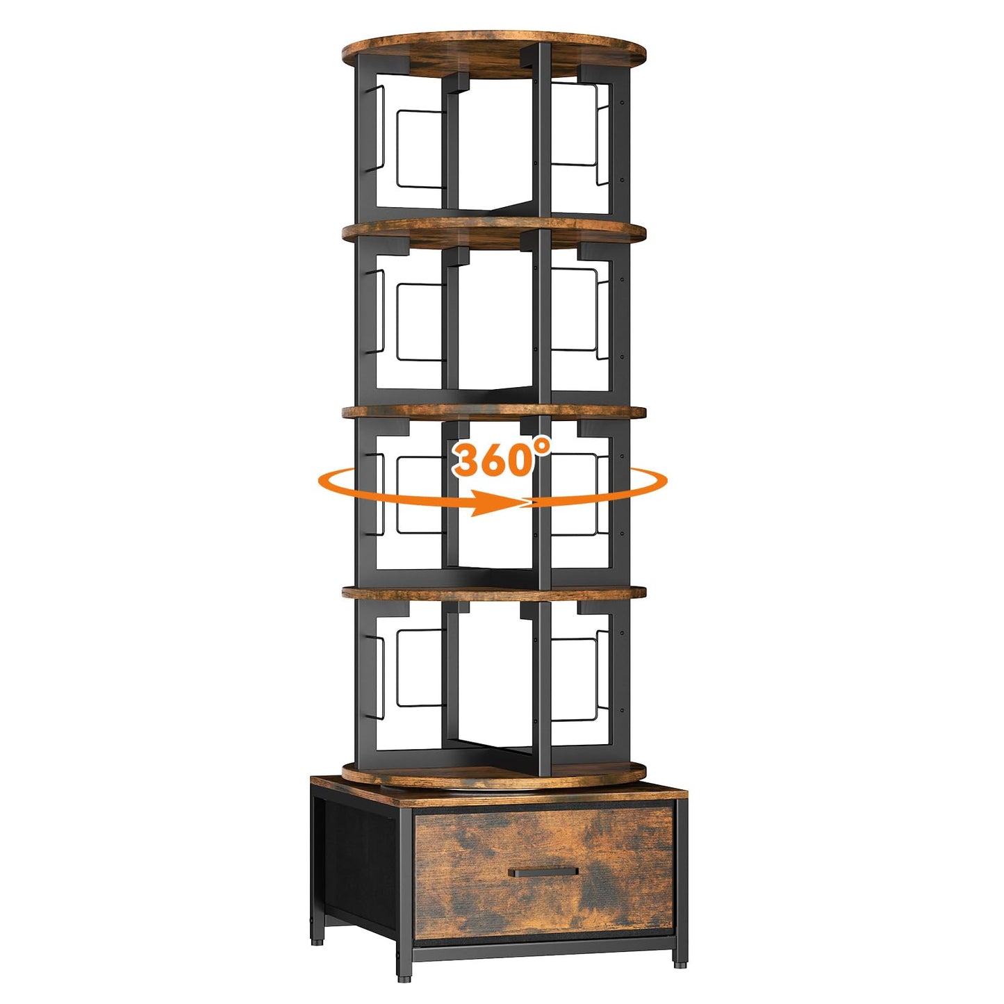 Housolution 5 Tier Rotating Bookshelf Tower, 360° Spinning Book Shelf with Fabric Drawer, Round Revolving Bookcase Organizer, Narrow Swivel Bookshelves Turning Corner Bookshelf for Small Space, Brown