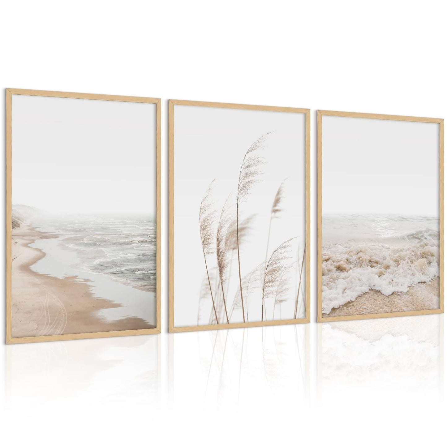 Joocrise Beach Wall Art Boho Prints Coastal Canvas Wall Art Decor Beach Pictures Pampas Grass Ocean Poster Plant Landscape Scene Artwork for Living Room Bedroom 16x24 Inch Unframed Set of 3