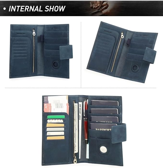 Unisex Genuine Leather Wallet Retro Crazy Horse Leather RFID Blocking Family Travel Passport Holder Slot (Blue)