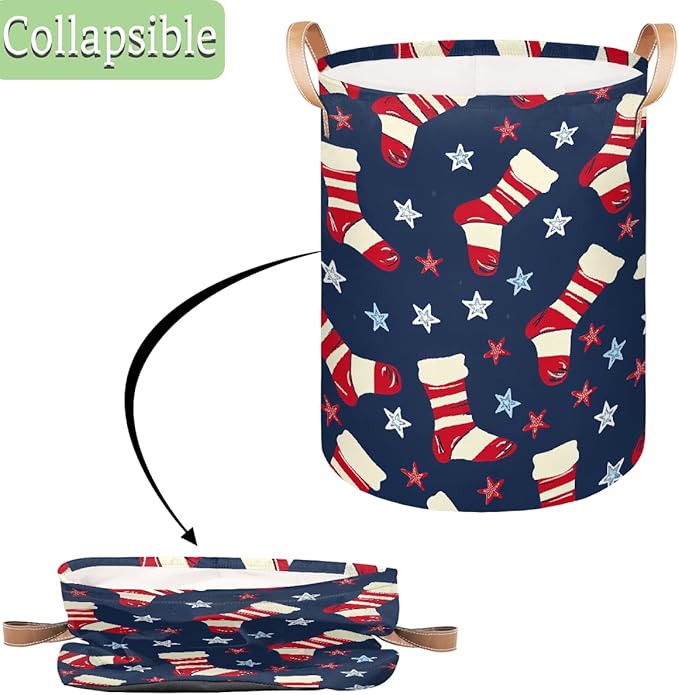 Sock Pattern Stars Laundry Basket Foldable Laundry Baskets With Leather Handles for Bedroom Bathroom Toys Decorative Basket