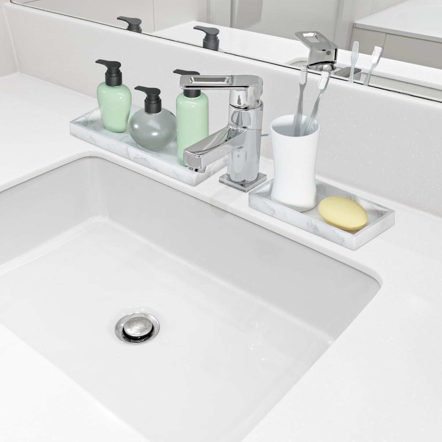BiSUAN 2 Packs Silicone Bathroom Vanity Tray Large 11.8" ＆ Small 7.8" Set - Rectangle Shatterproof Flexible Bathroom Tray for Soap Dispenser, Tissues, Candles, Towel, Plant, Perfume Key